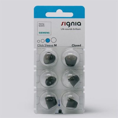 A package of six Signia Click Sleeve (Closed) ear tips for hearing aids, arranged in two rows of three, is shown with clear product branding and information on the packaging.