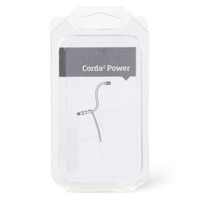 The Corda 2 Power retail package features a simple line drawing of its coiled cable accessory on the white and gray front.