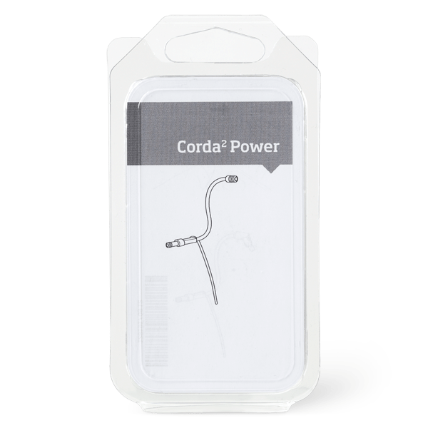 The Corda 2 Power retail package features a simple line drawing of its coiled cable accessory on the white and gray front.