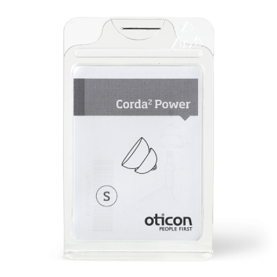A clear plastic pack containing Corda 2 Power Dome (size small) and Oticon Corda² Power hearing aid tubes, featuring a simple product illustration and the Oticon People First logo on the front.