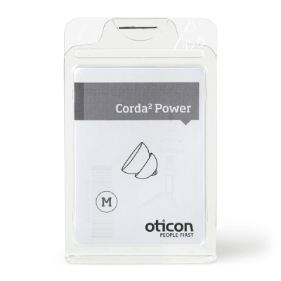 A clear plastic package displays Oticon Corda 2 Power hearing aid tubes, size M, with the Oticon logo and “People First” slogan, simple line drawings, and a mention of the Corda 2 Power Dome on the front.