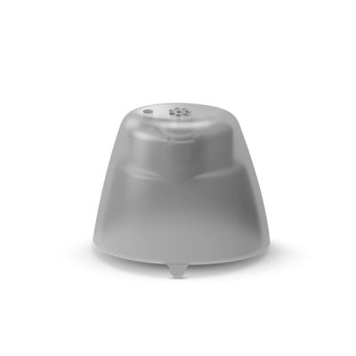 The Signia Click Sleeve (Closed) is a translucent, bell-shaped plastic accessory with a small hole and raised bumps on top, displayed against a plain white background.