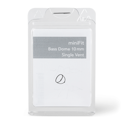Clear plastic packaging contains a Bernafon MiniFit Bass Dome Single (10 mm, single vent). The white label inside features simple black and gray text plus a minimal illustration.