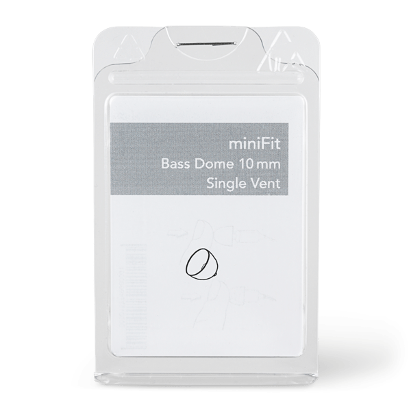 Clear plastic packaging contains a Bernafon MiniFit Bass Dome Single (10 mm, single vent). The white label inside features simple black and gray text plus a minimal illustration.