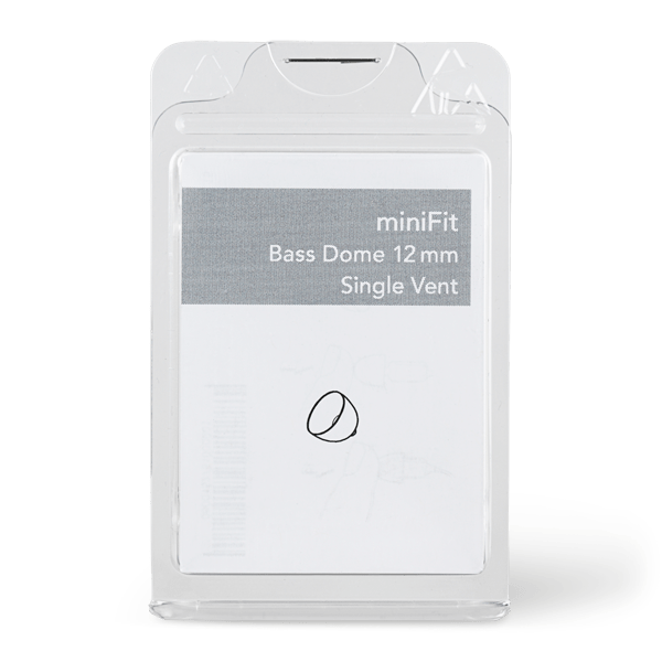 A clear plastic case holds a card labeled "Bernafon MiniFit Bass Dome Single," featuring a line drawing of a circular object at the center.
