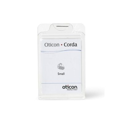 A clear plastic package labeled Oticon Corda / Corda 2 Domes, featuring the Oticon logo and an illustration of a small hearing aid tube, designed for use with compatible domes on the front.