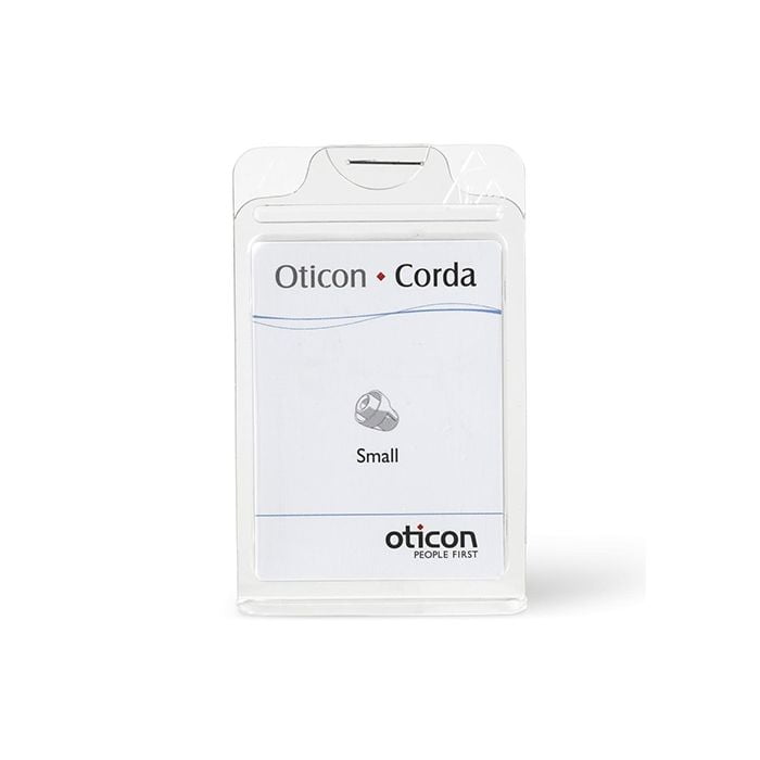 A clear plastic package labeled Oticon Corda / Corda 2 Domes, featuring the Oticon logo and an illustration of a small hearing aid tube, designed for use with compatible domes on the front.