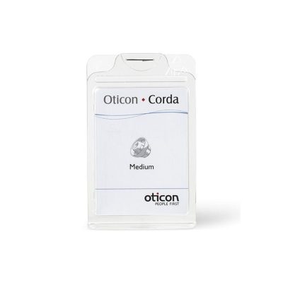 A white package of Oticon Corda medium-sized hearing aid tubes features the Oticon logo, “People First,” and a product illustration. It is compatible with Corda / Corda 2 Domes.