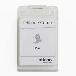 A plastic package labeled Oticon Corda / Corda 2 Domes features the Oticon logo, slogan "People First," and a small illustration of a hearing aid component, indicating it contains domes for optimal hearing aid performance.