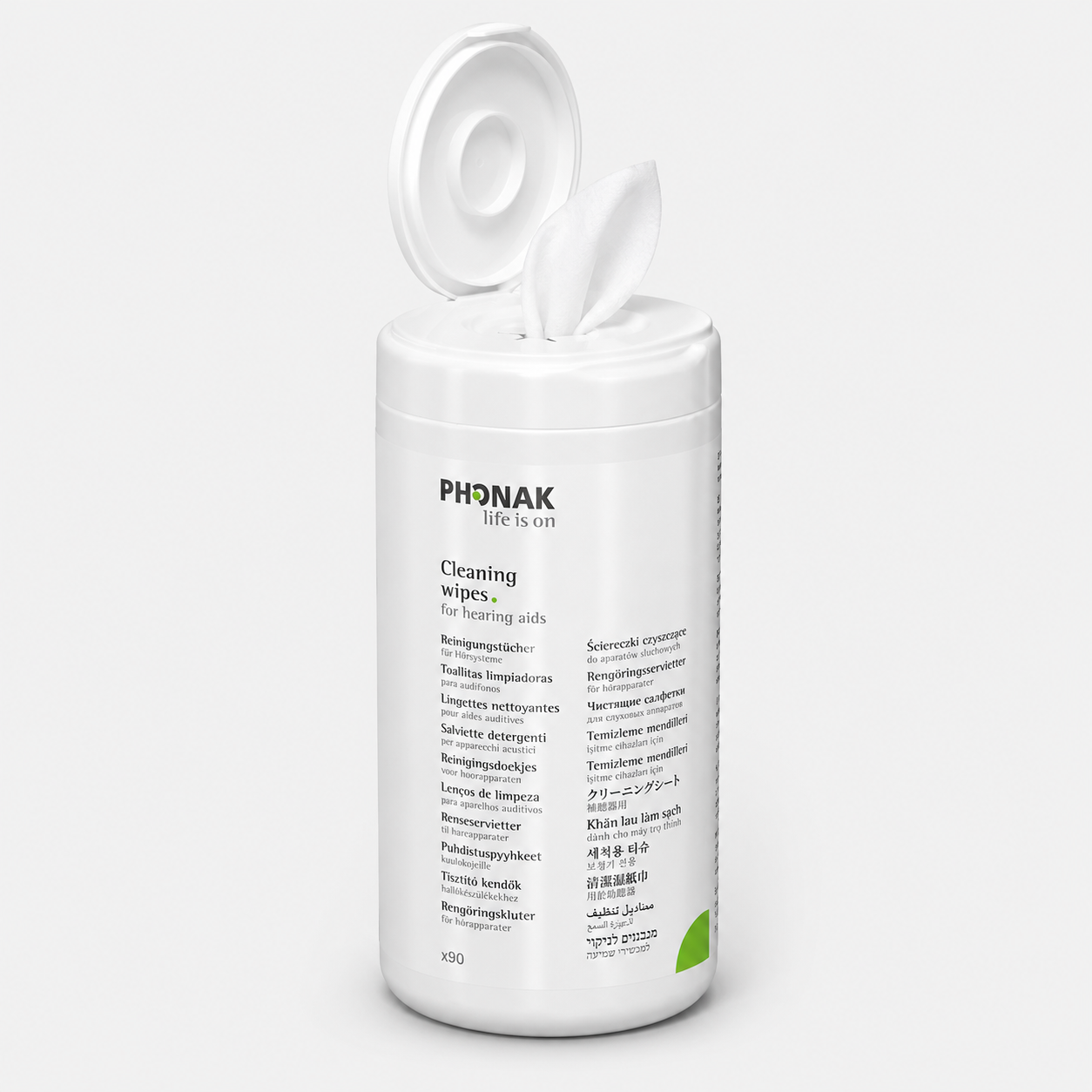 A white cylindrical Phonak Cleaning Wipes (dispenser) for hearing aids, shown with an open lid and a wipe protruding. The label displays multilingual text and the Phonak logo with the slogan "life is on.