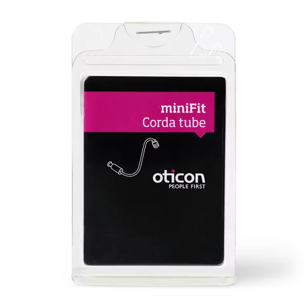 A clear plastic package featuring the Oticon Corda MiniFit (0.9) product name, a straightforward tube illustration, and the Oticon People First logo set against a black background.